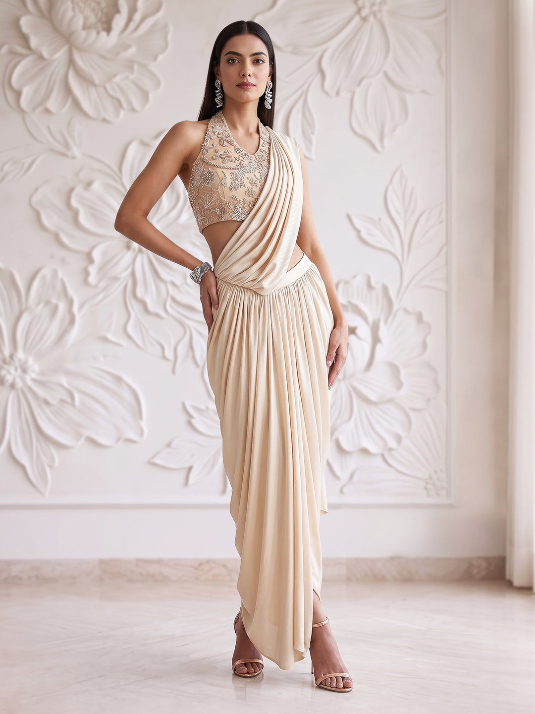 LIGHT PEACH HALTER BLOUSE WITH DRAPE SAREE