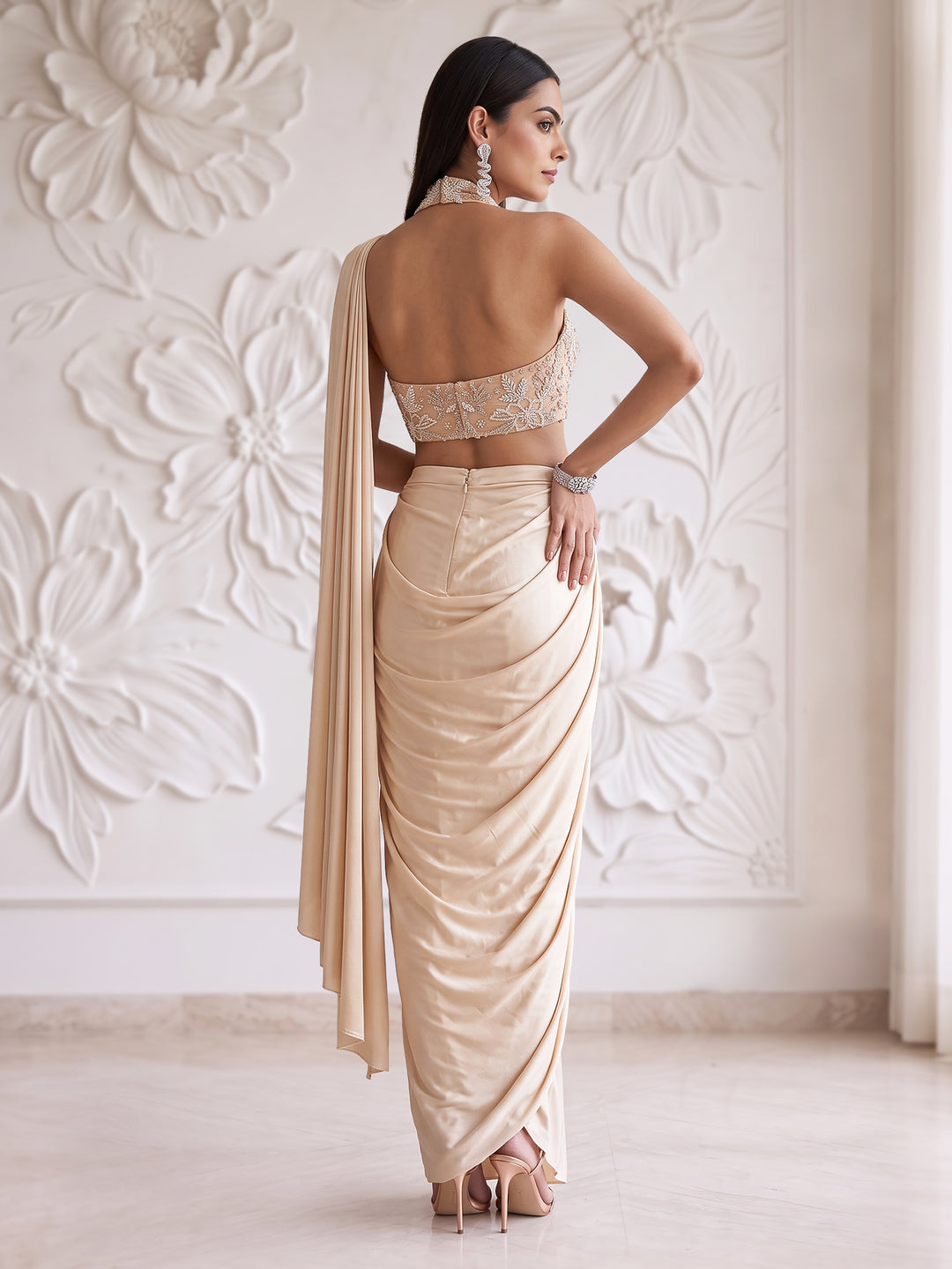 LIGHT PEACH HALTER BLOUSE WITH DRAPE SAREE