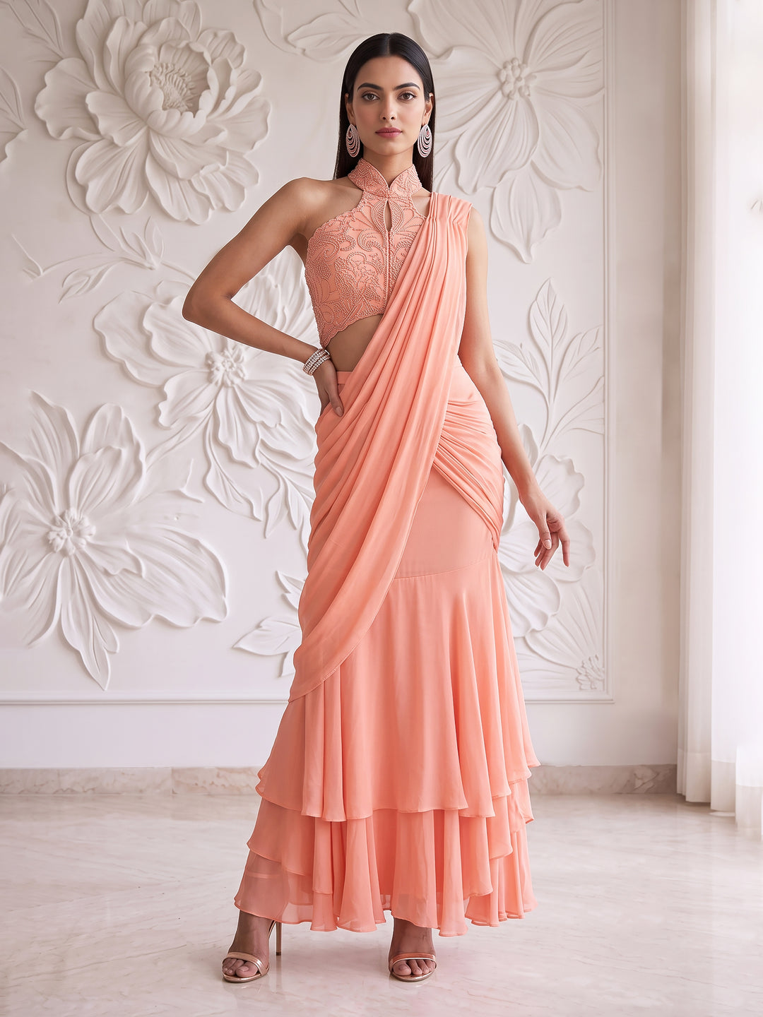 PEACH PINK BLOUSE WITH DRAPE SAREE