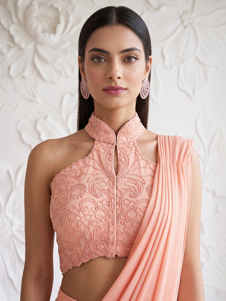 PEACH PINK BLOUSE WITH DRAPE SAREE