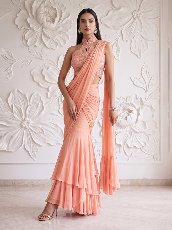 PEACH PINK BLOUSE WITH DRAPE SAREE