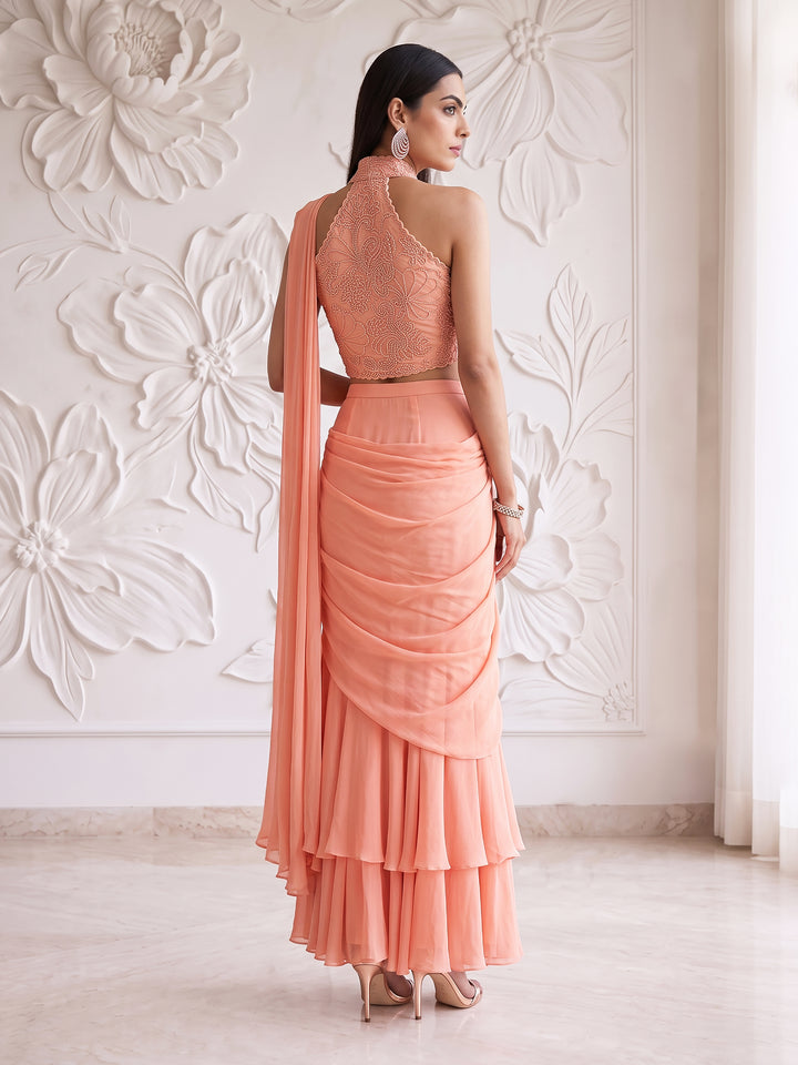 PEACH PINK BLOUSE WITH DRAPE SAREE