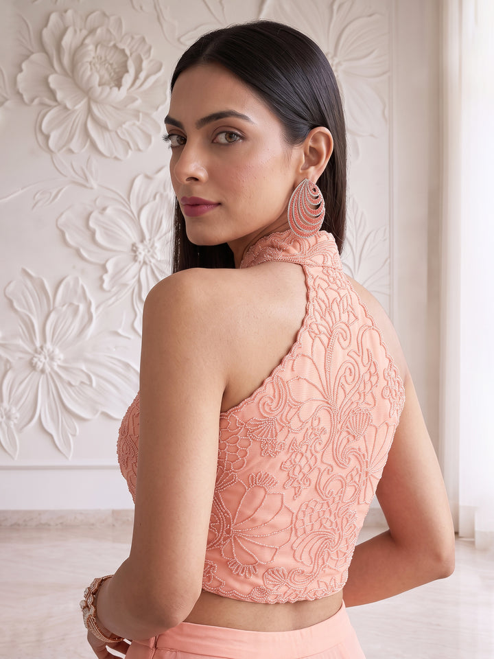 PEACH PINK BLOUSE WITH DRAPE SAREE