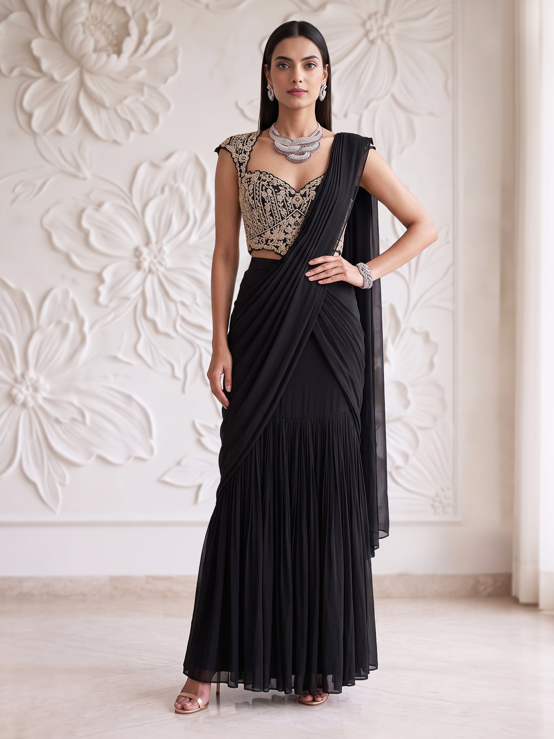 BLACK FLORAL EMBROIDERED BLOUSE WITH DRAPE SAREE