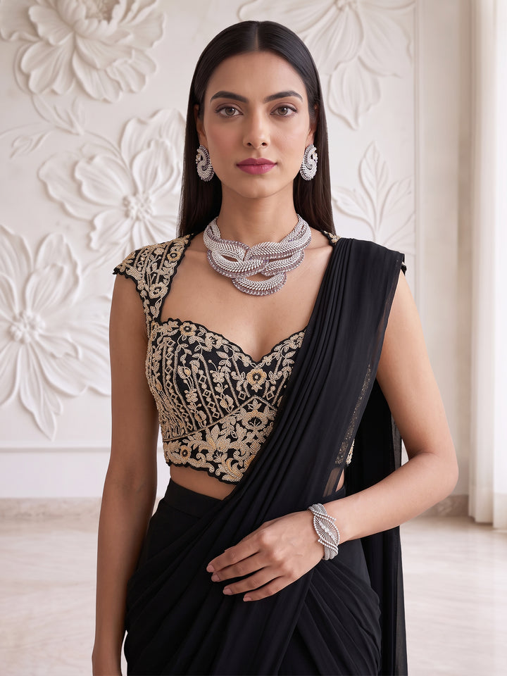 BLACK FLORAL EMBROIDERED BLOUSE WITH DRAPE SAREE