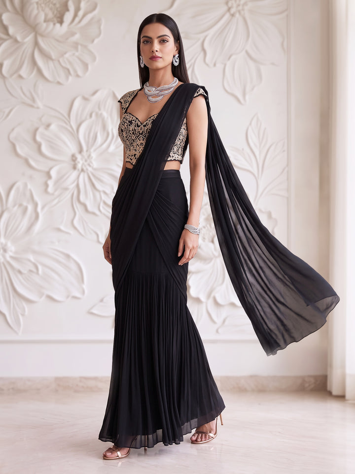 BLACK FLORAL EMBROIDERED BLOUSE WITH DRAPE SAREE