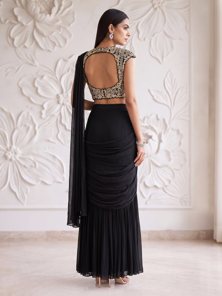 BLACK FLORAL EMBROIDERED BLOUSE WITH DRAPE SAREE