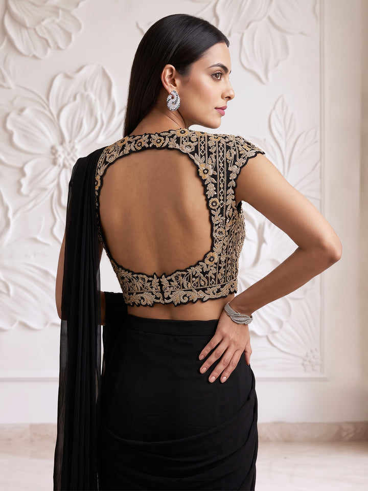 BLACK FLORAL EMBROIDERED BLOUSE WITH DRAPE SAREE