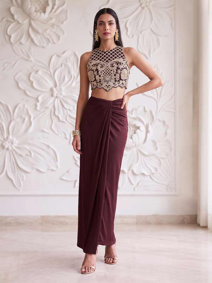 CHOCOLATE BROWN EMBROIDERED BLOUSE WITH DRAPE SKIRT