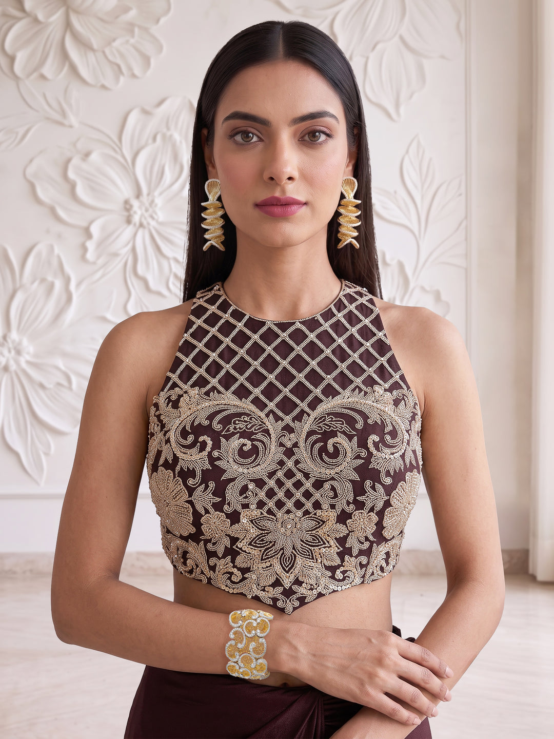 CHOCOLATE BROWN EMBROIDERED BLOUSE WITH DRAPE SKIRT