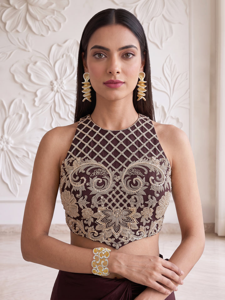 CHOCOLATE BROWN EMBROIDERED BLOUSE WITH DRAPE SKIRT