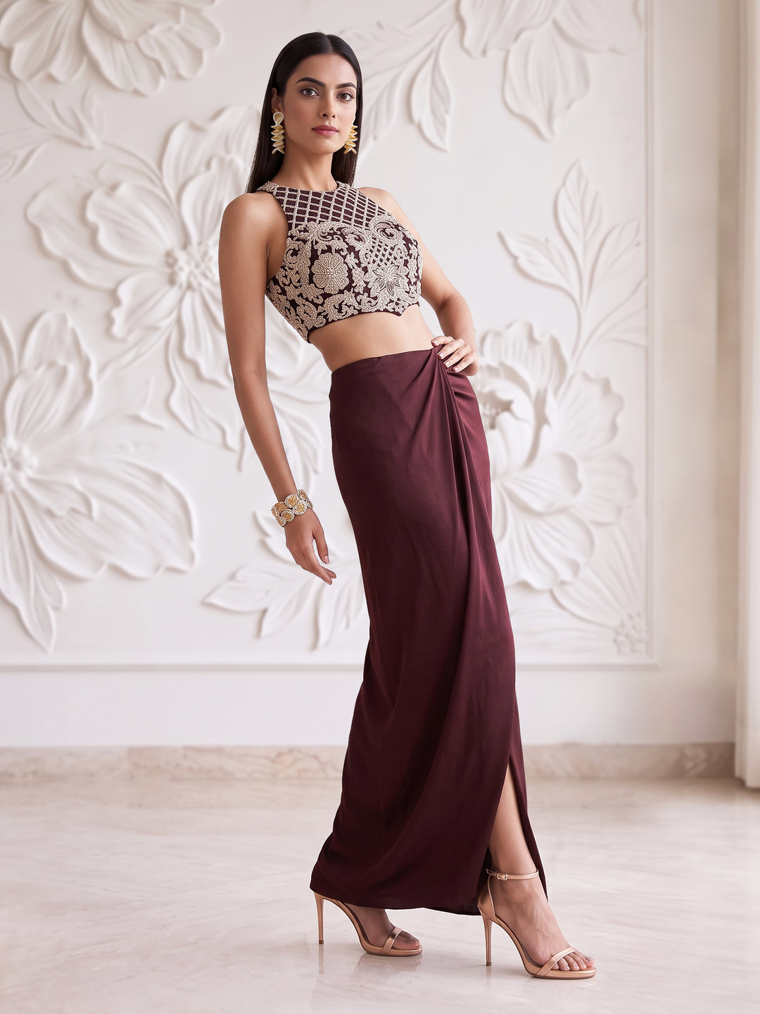 CHOCOLATE BROWN EMBROIDERED BLOUSE WITH DRAPE SKIRT