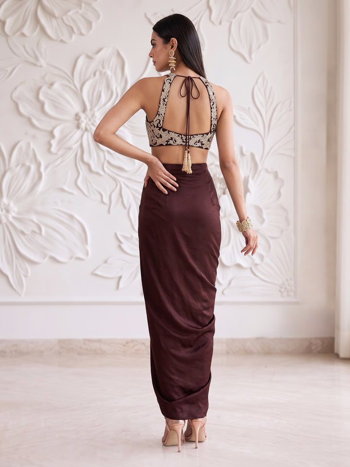 CHOCOLATE BROWN EMBROIDERED BLOUSE WITH DRAPE SKIRT
