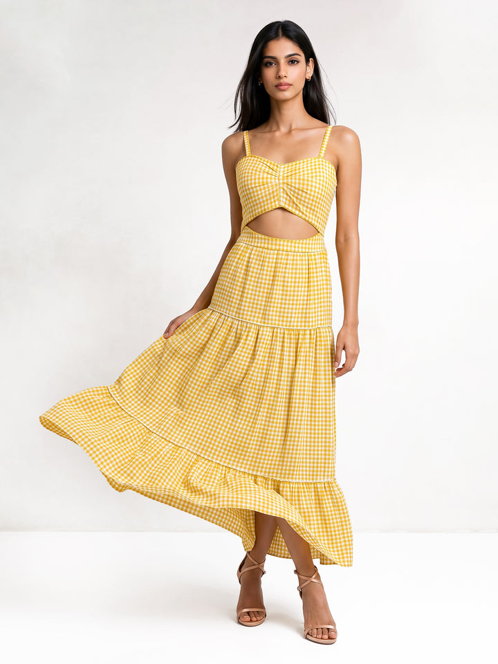 Yellow Off-White Check Maxi Dress