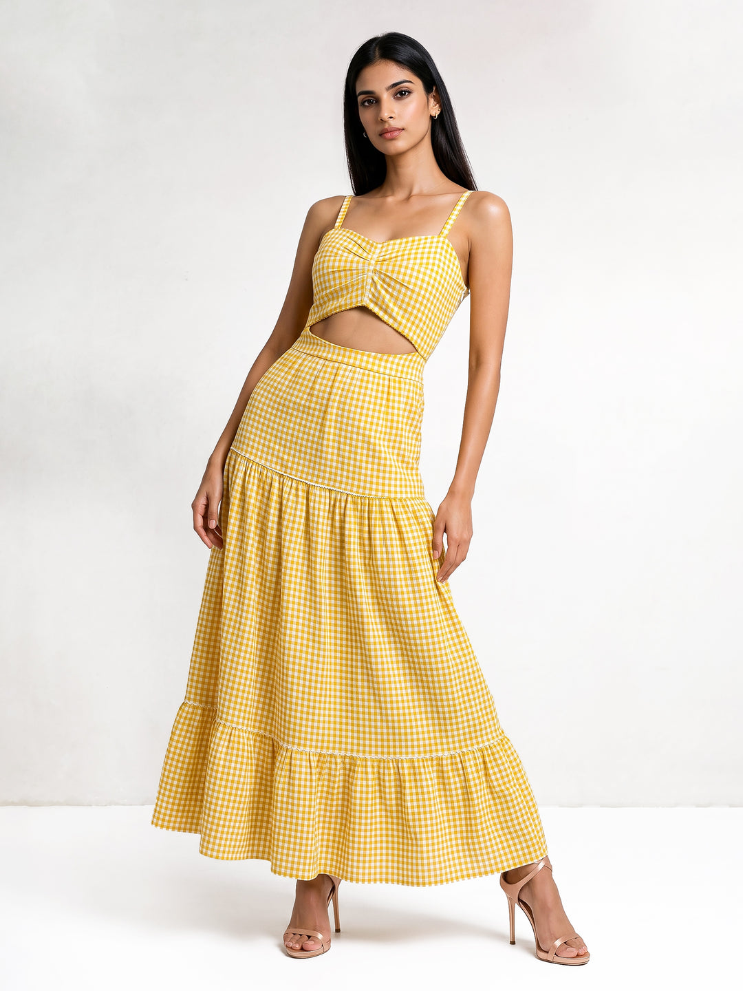 Yellow Off-White Check Maxi Dress