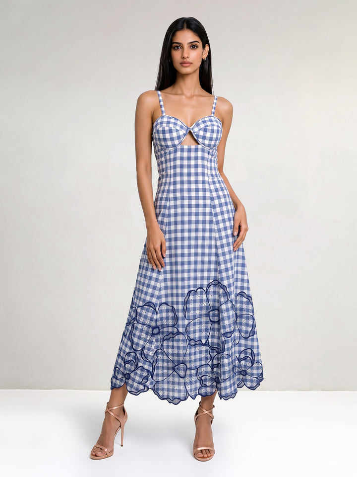 Blue White Checks Maxi Ddres With Big Flowers