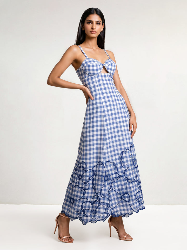 Blue White Checks Maxi Ddres With Big Flowers