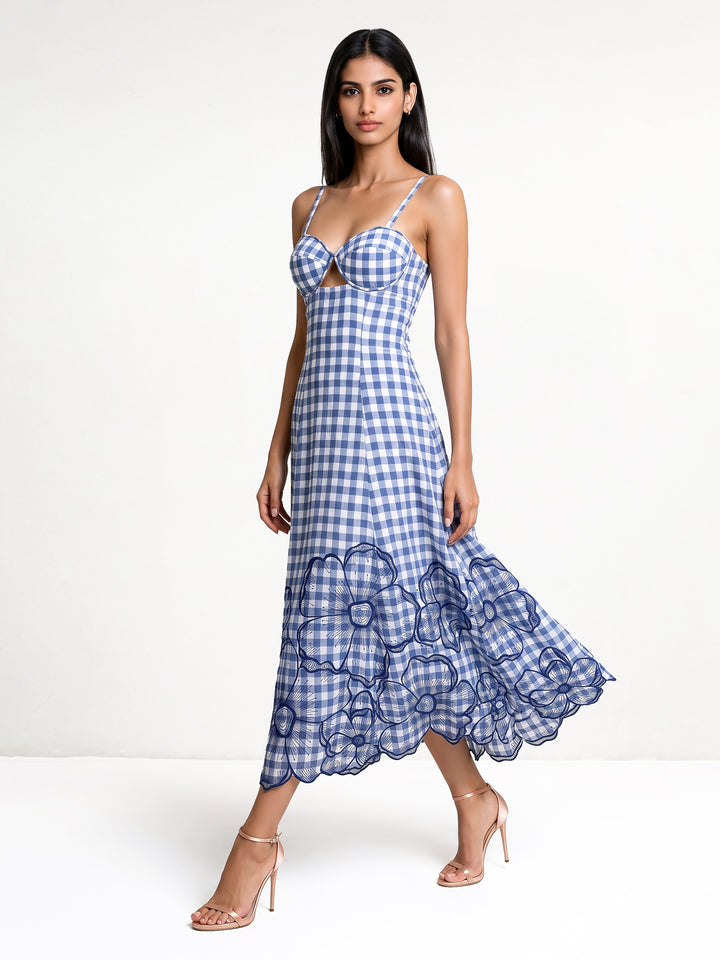 Blue White Checks Maxi Ddres With Big Flowers