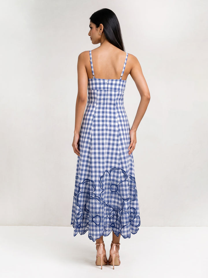 Blue White Checks Maxi Ddres With Big Flowers