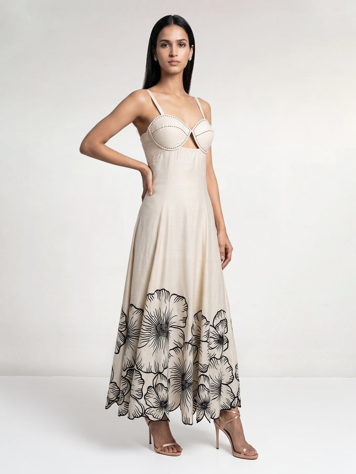 Beige Black Maxi Dres with Big Flowers