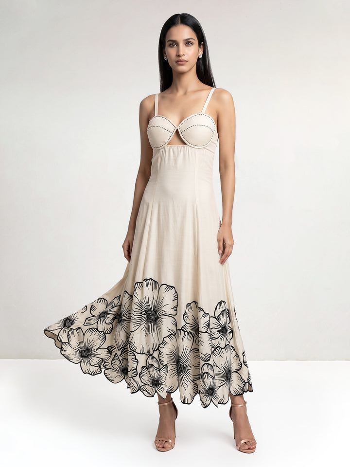 Beige Black Maxi Dres with Big Flowers