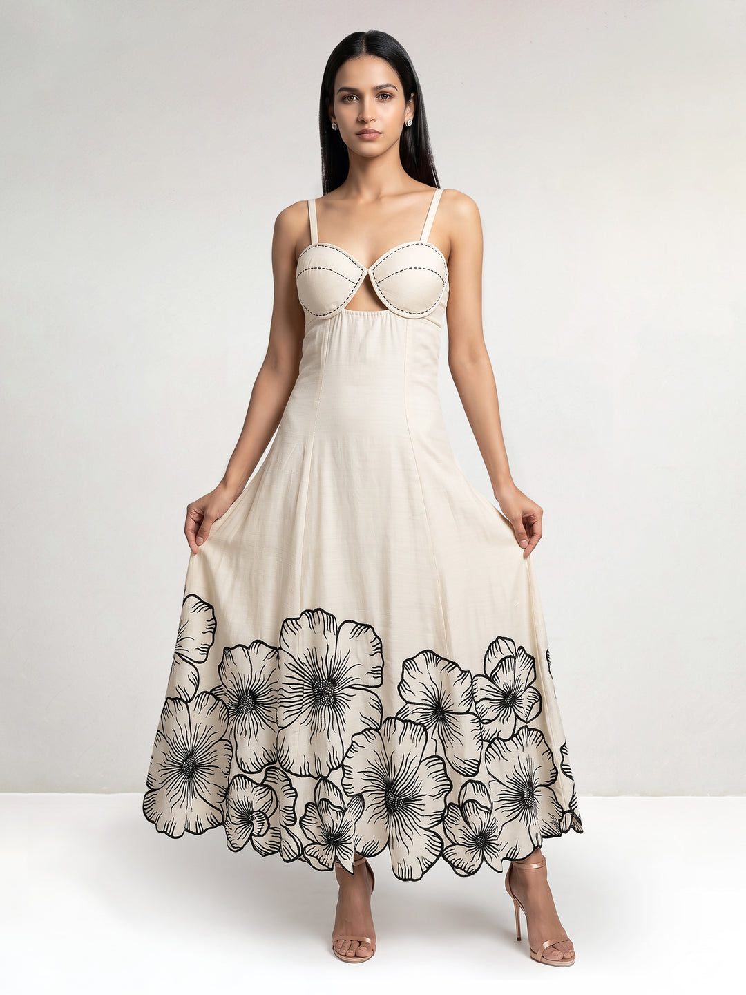 Beige Black Maxi Dres with Big Flowers