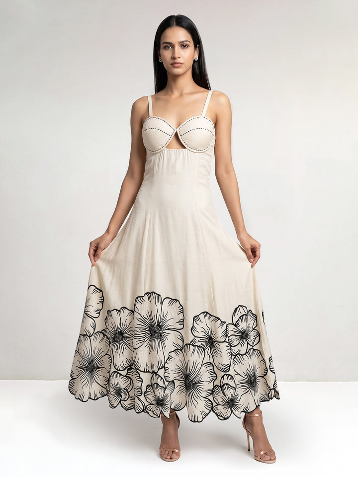 Beige Black Maxi Dres with Big Flowers