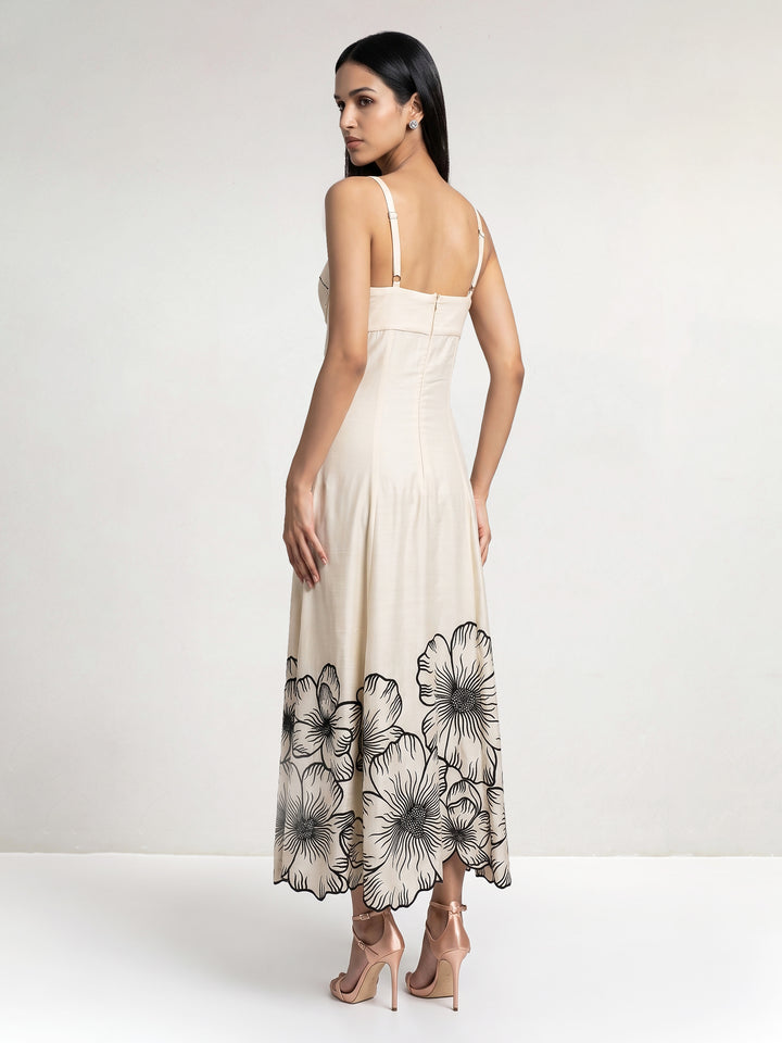 Beige Black Maxi Dres with Big Flowers