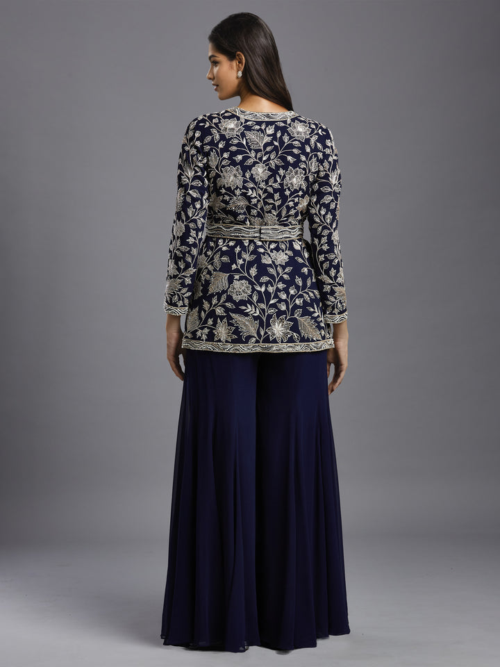 Navy Georgette Peplum Jacket with Big Leaves and Wave Border with Belt and Kali Sharara