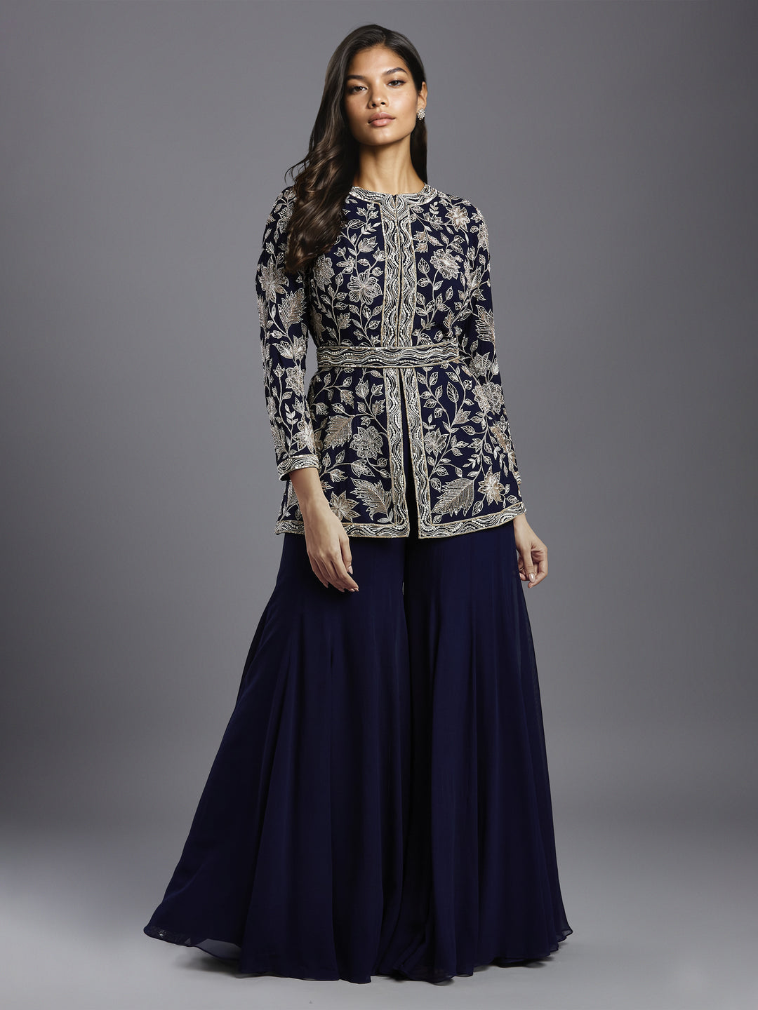 Navy Georgette Peplum Jacket with Big Leaves and Wave Border with Belt and Kali Sharara