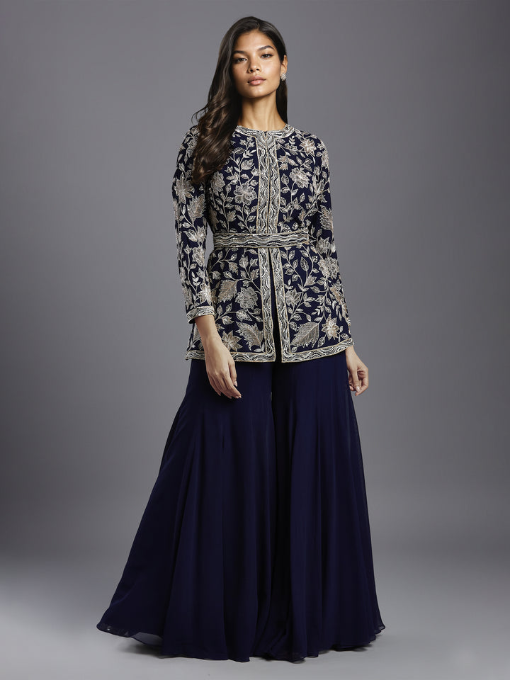 Navy Georgette Peplum Jacket with Big Leaves and Wave Border with Belt and Kali Sharara
