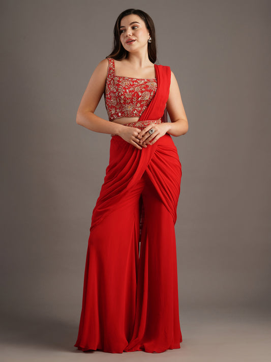 Cherry Red Square Neck Sleeveless Georgette Blouse With Flared Sharara Draped Saree And Belt