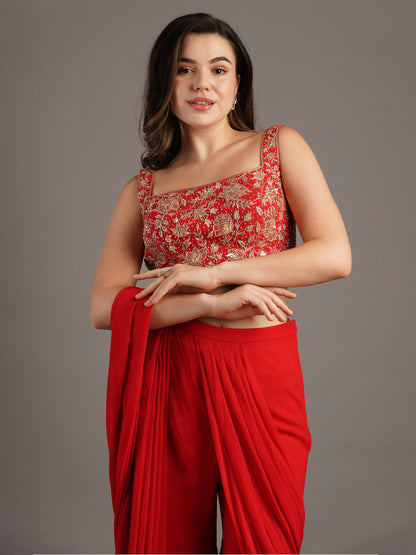 Cherry Red Square Neck Sleeveless Georgette Blouse With Flared Sharara Draped Saree And Belt