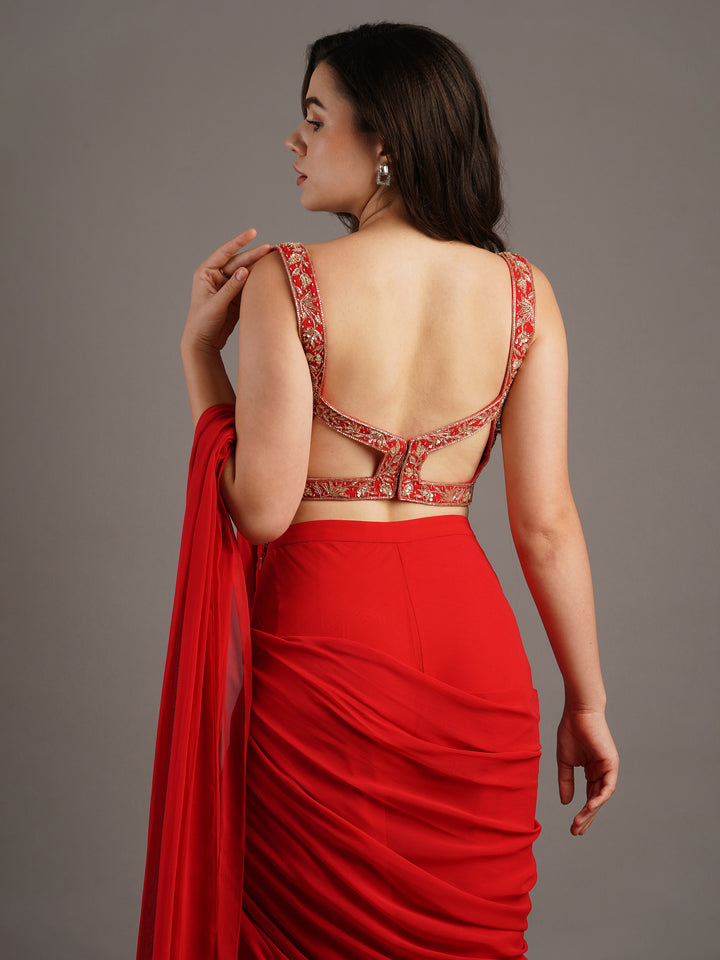 Cherry Red Square Neck Sleeveless Georgette Blouse With Flared Sharara Draped Saree And Belt