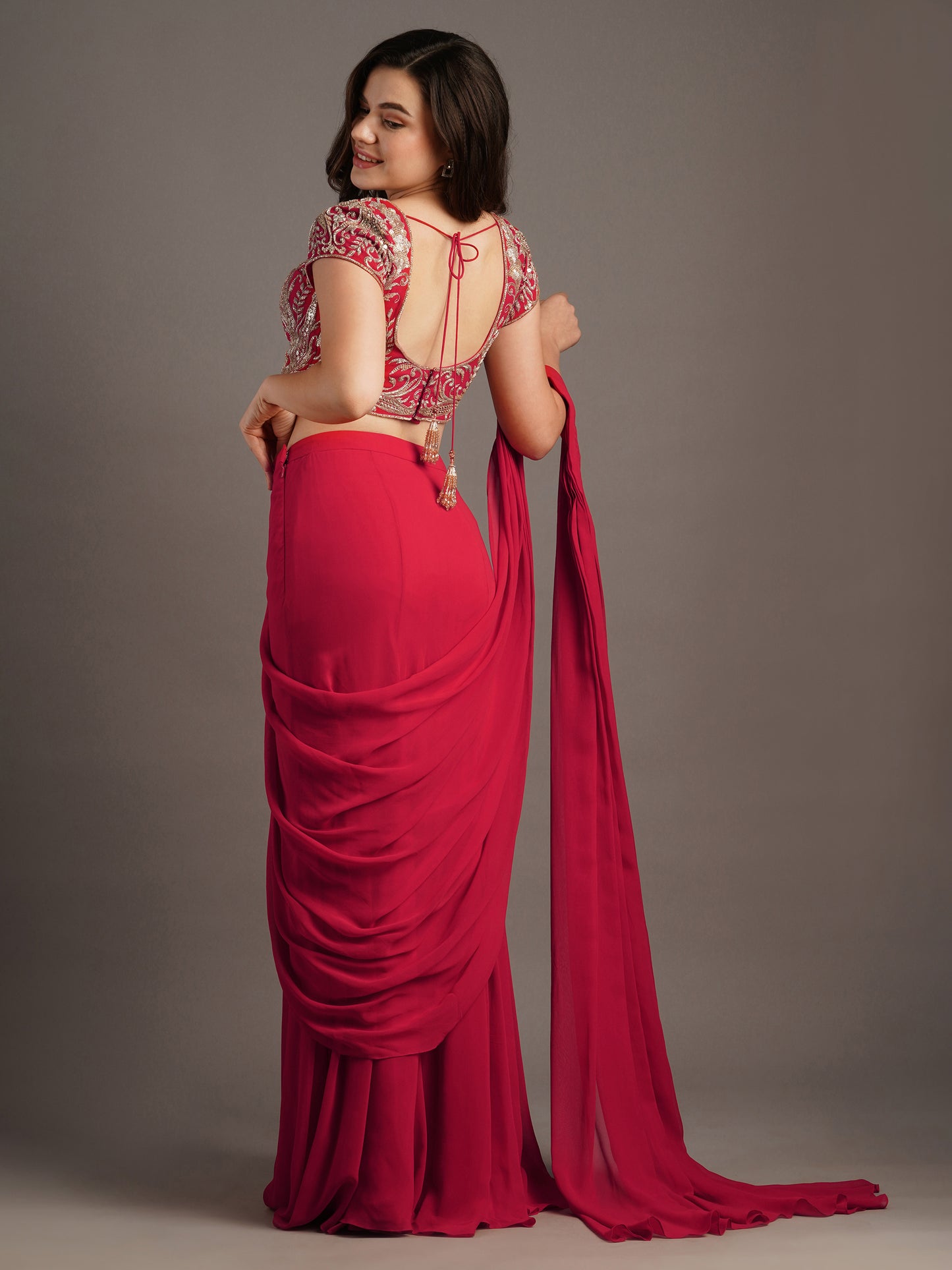 Cherry Red Georgette Makai Round Neck Blouse With Kali Mermaid Georgette Draped Saree And Belt