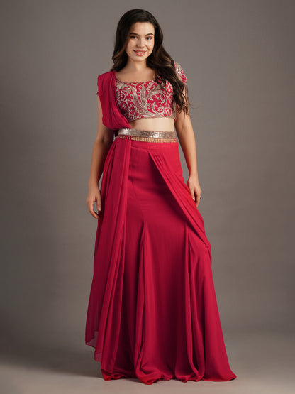 Cherry Red Georgette Makai Round Neck Blouse With Kali Mermaid Georgette Draped Saree And Belt