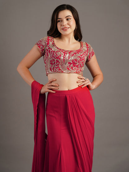 Cherry Red Georgette Makai Round Neck Blouse With Kali Mermaid Georgette Draped Saree And Belt