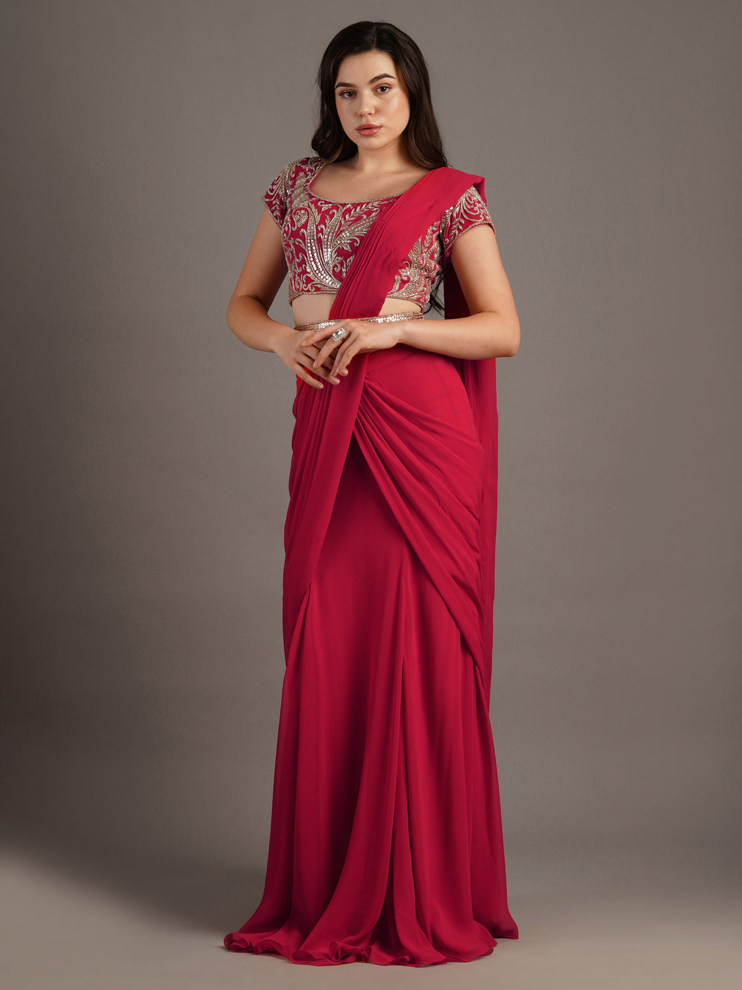 Cherry Red Georgette Makai Round Neck Blouse With Kali Mermaid Georgette Draped Saree And Belt
