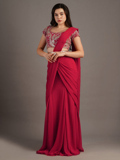 Cherry Red Georgette Makai Round Neck Blouse With Kali Mermaid Georgette Draped Saree And Belt