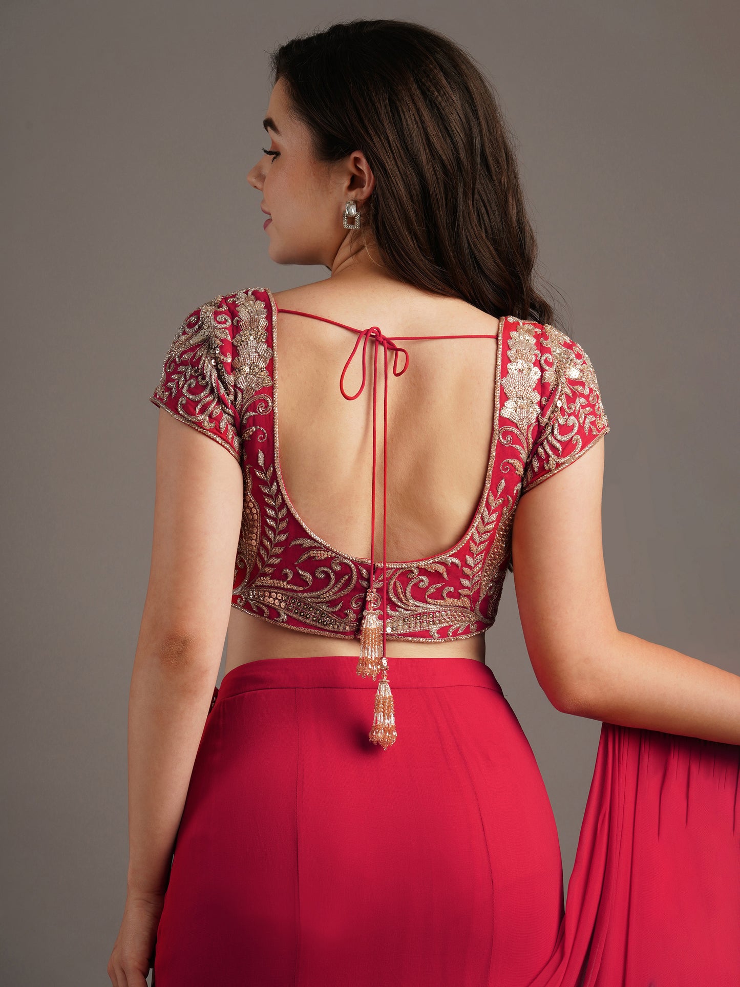 Cherry Red Georgette Makai Round Neck Blouse With Kali Mermaid Georgette Draped Saree And Belt