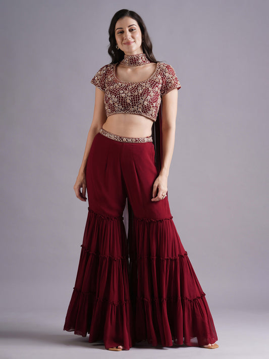 Maroon Scallop with Flower Embroidery Blouse with Tiered Sharara and Choker