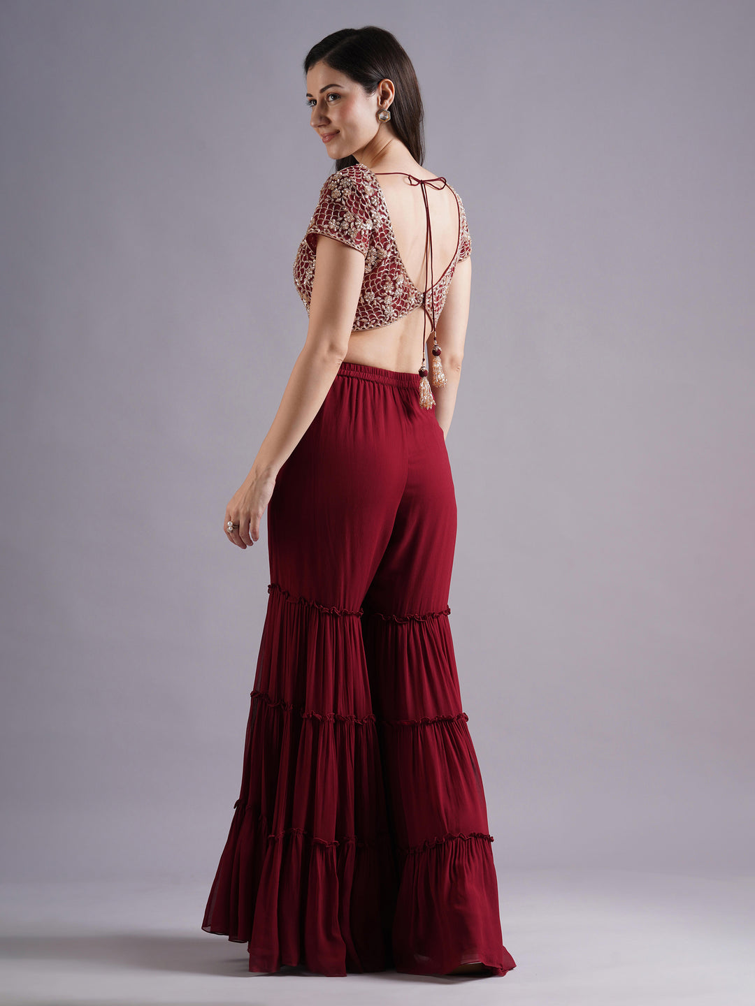Maroon Scallop with Flower Embroidery Blouse with Tiered Sharara and Choker