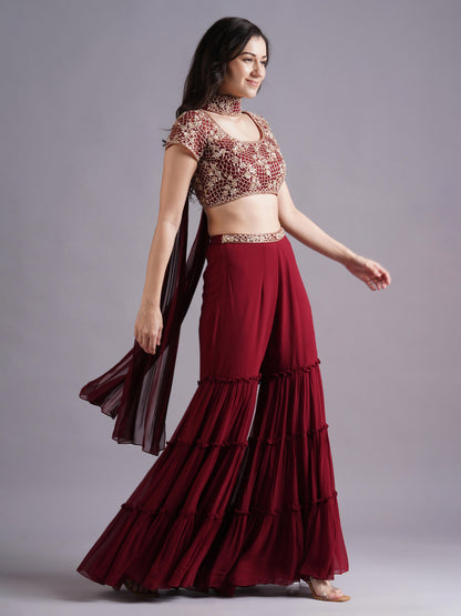 Maroon Scallop with Flower Embroidery Blouse with Tiered Sharara and Choker