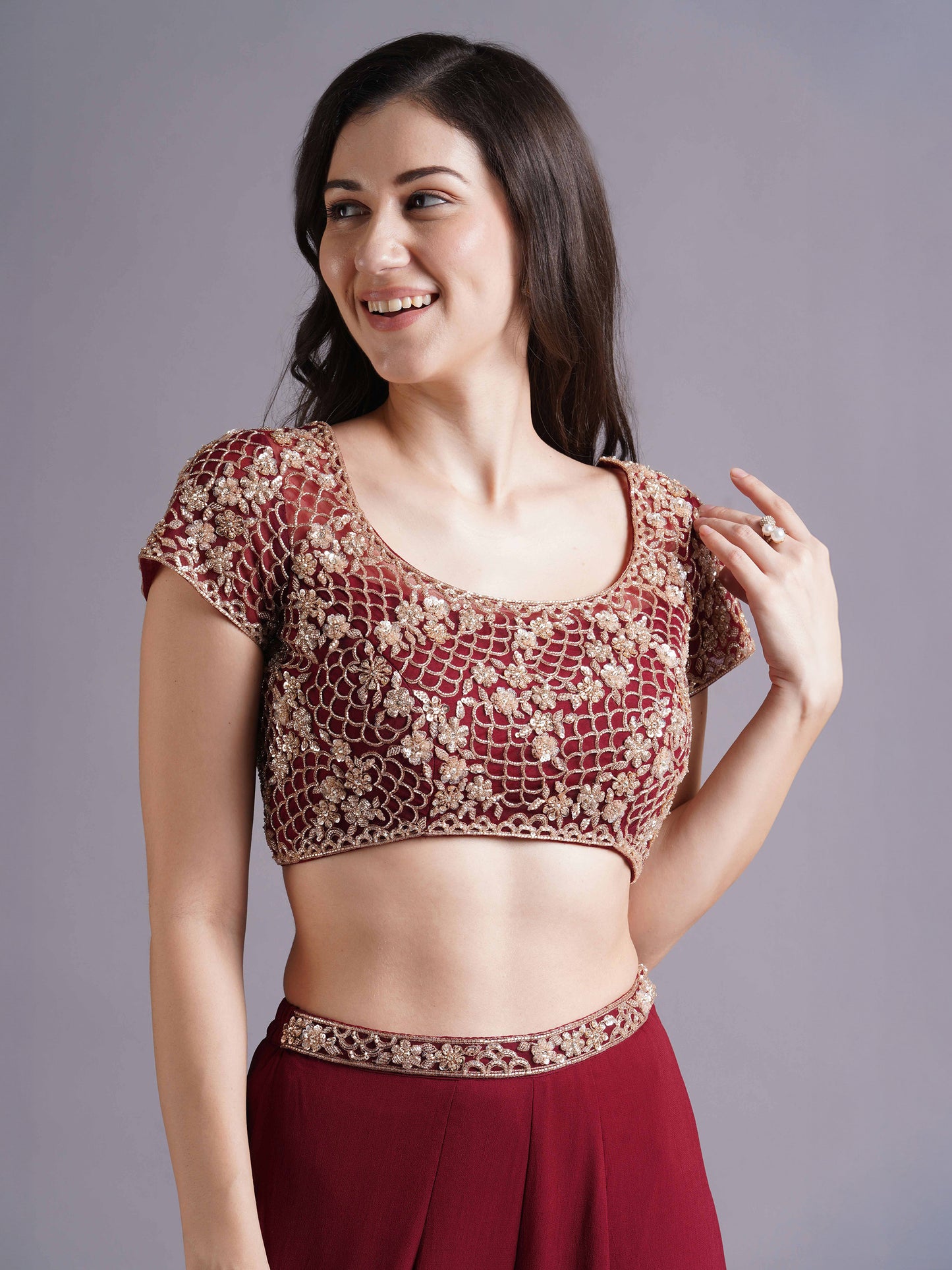 Maroon Scallop with Flower Embroidery Blouse with Tiered Sharara and Choker