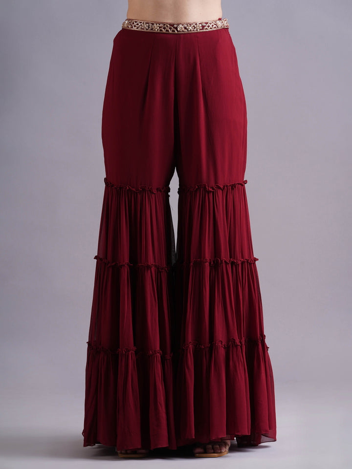 Maroon Scallop with Flower Embroidery Blouse with Tiered Sharara and Choker