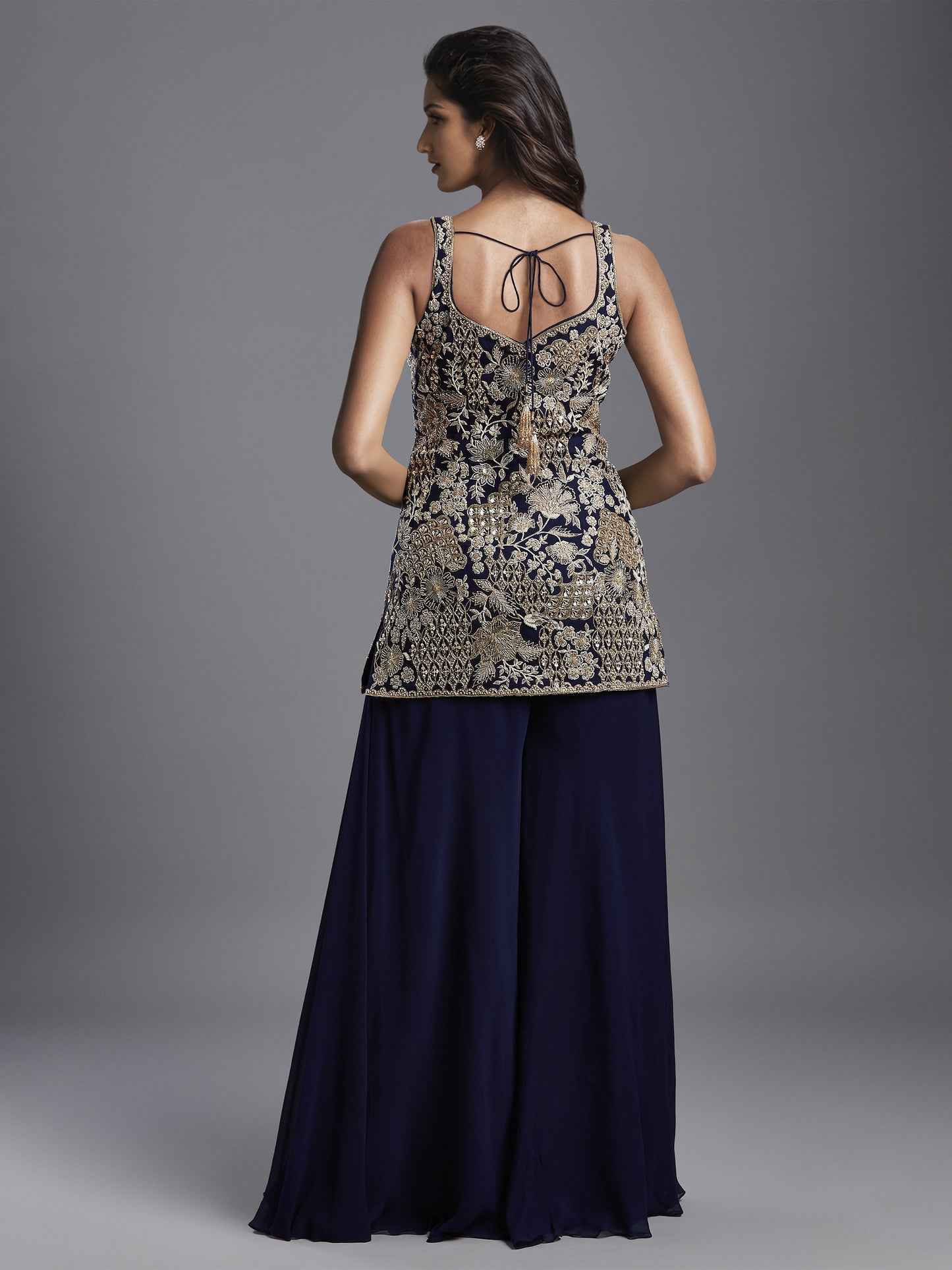 Navy Georgette Sweetheart Kurta and Sharara Set with Matching Dupatta