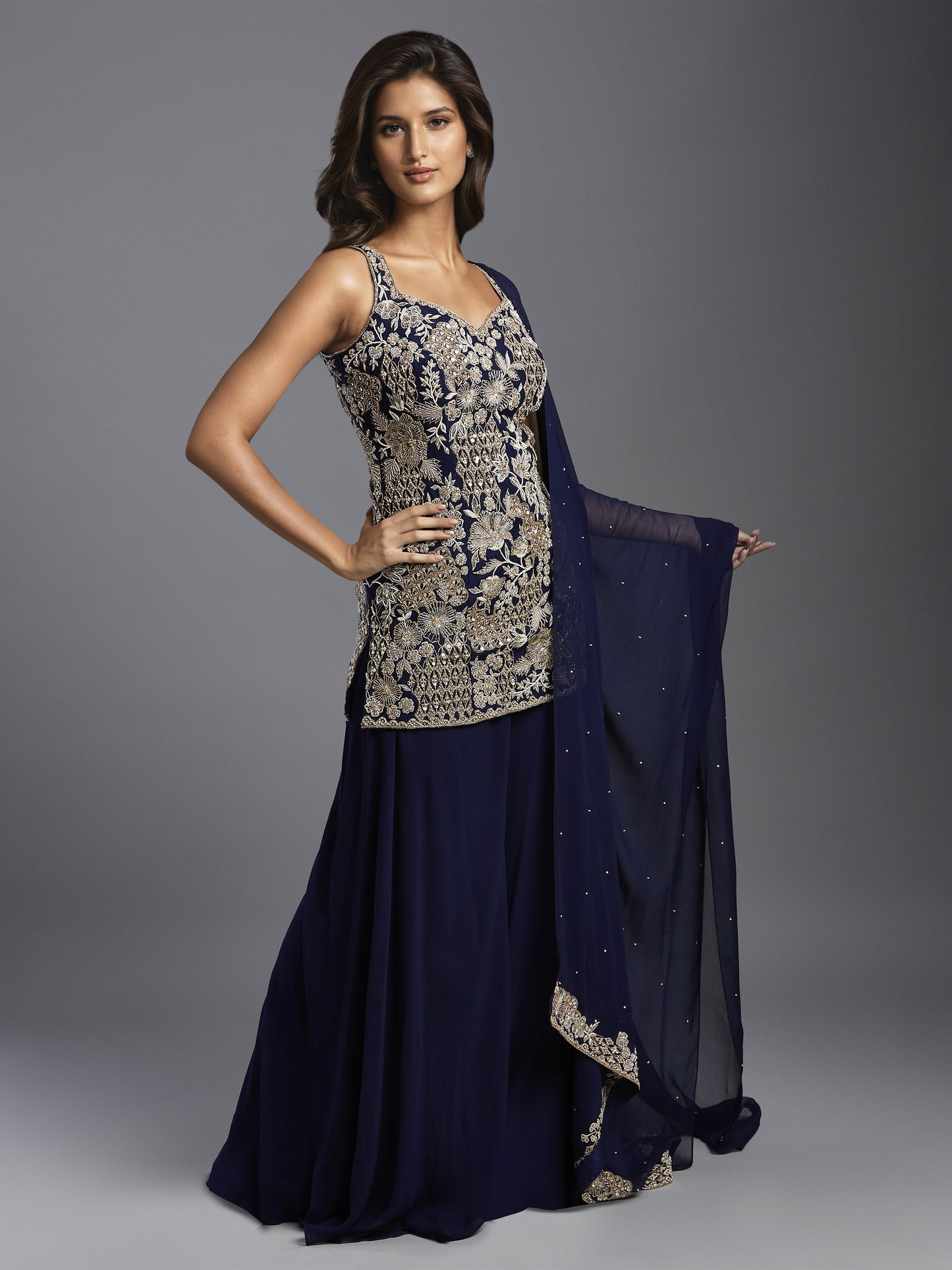 Navy Georgette Sweetheart Kurta and Sharara Set with Matching Dupatta