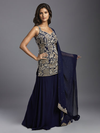 Navy Georgette Sweetheart Kurta and Sharara Set with Matching Dupatta