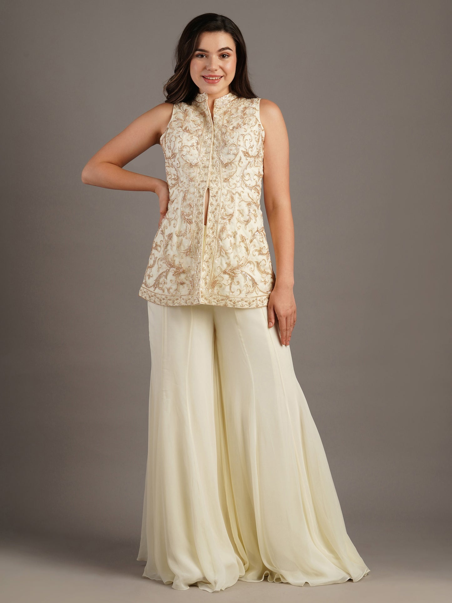 Ivory Net Mandala Sleeveless Jacket With Georgette Kali Pants