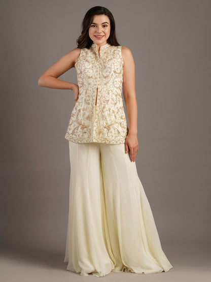 Ivory Net Mandala Sleeveless Jacket With Georgette Kali Pants